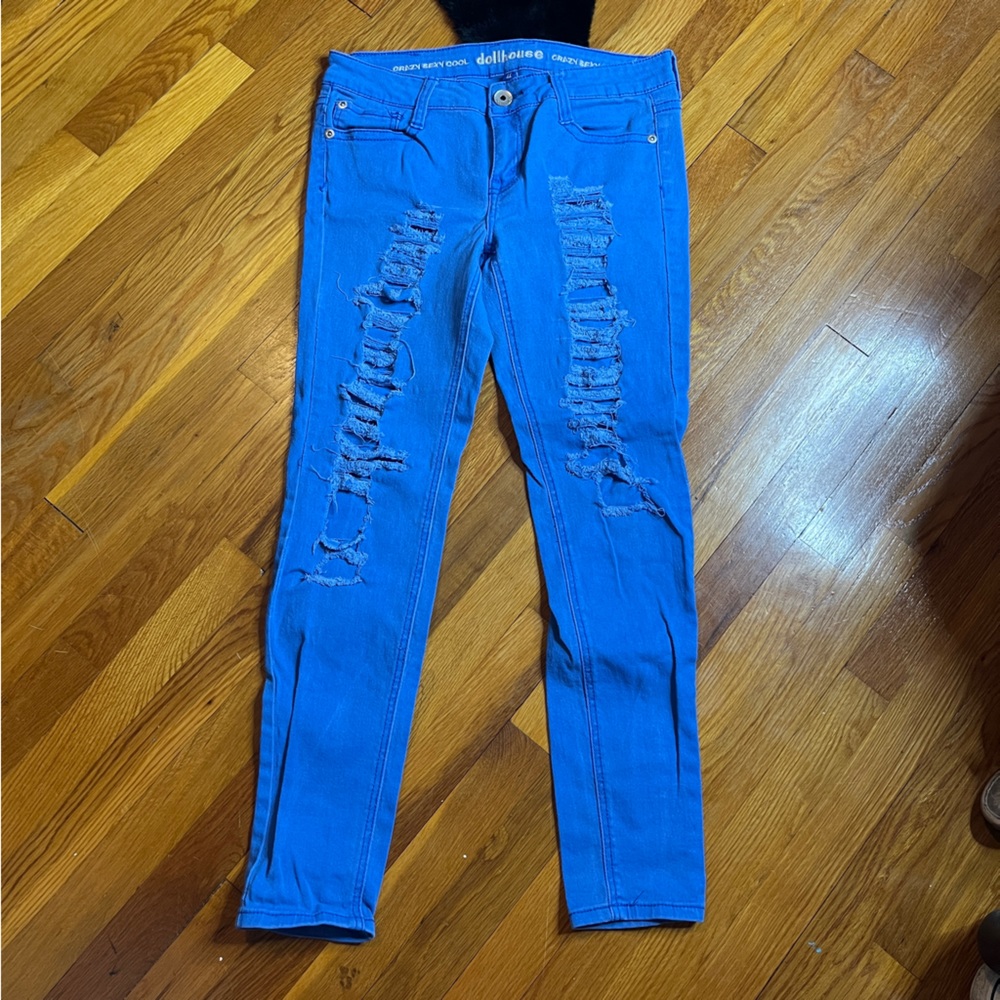 Dollhouse Crazy Sexy Cool Bright Blue Distressed Ripped Skinny Jeans Size 11